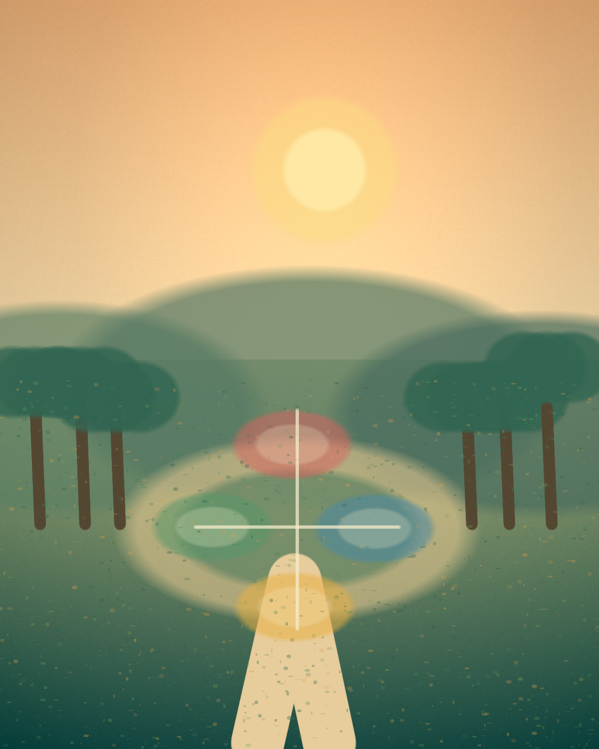 Paysage calme avec un chemin circulaire et quatre zones colorées
